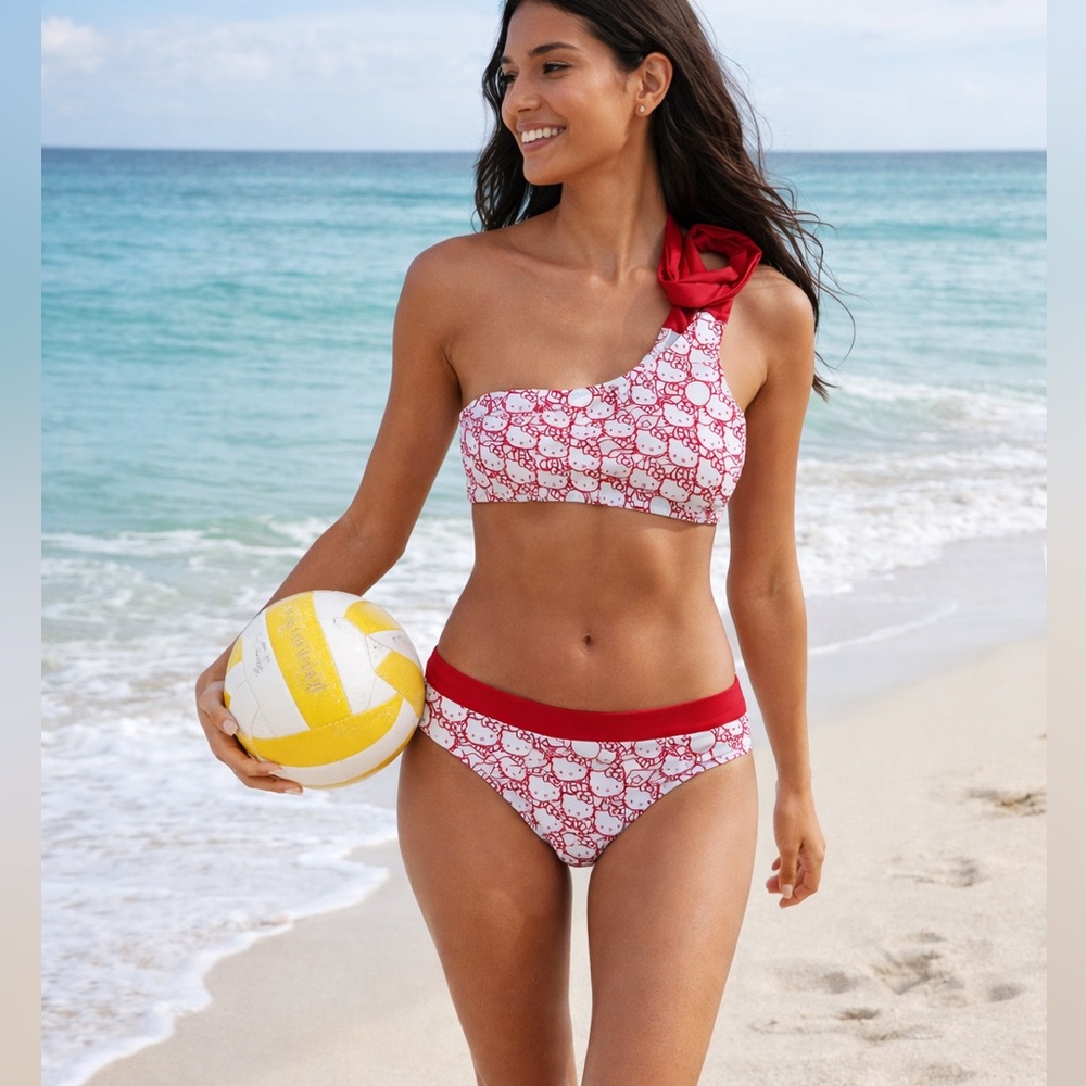 Hello Kitty Red and White One-Shoulder Bikini Set